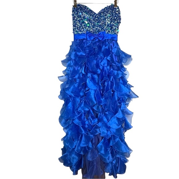 Sherri Hill Royal Blue Strapless Beaded Ruffle Hi-Low Gown Dress Size 6 - Picture 1 of 7